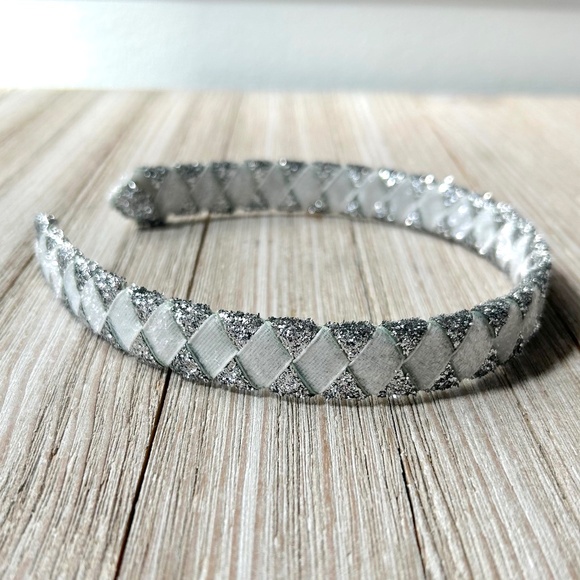 Headband Hand-woven glitter velvet ribbon White Silver - Picture 2 of 3